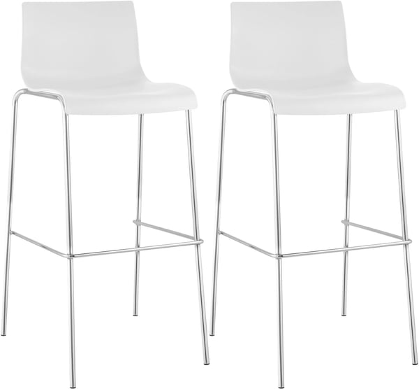 Set med 2 vita barstolar i plast från Hoover med metallram