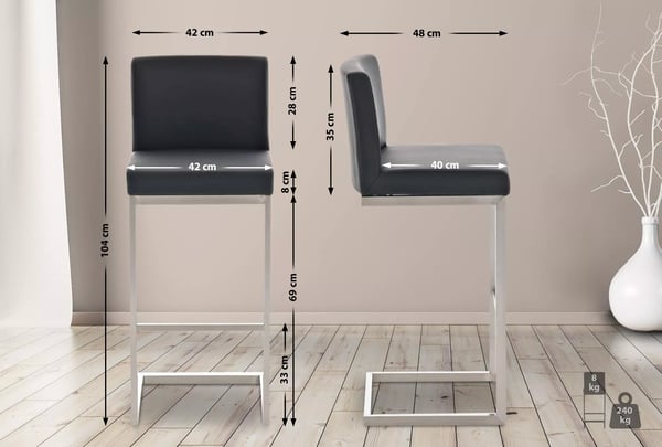 Sæt med 2 sorte Paros barstole i kunstlæder med stel i rustfrit stål