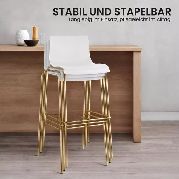 Sæt med 2 Hoover barstole i plast med 4 ben og guldfarvet metalstel - Hvid
