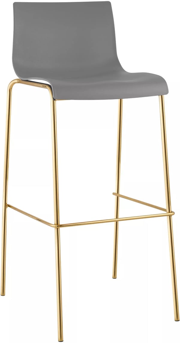Grå plastbarstol med 4 ben och guldfärgad metallram, 75 cm sitthöjd, stapelbar