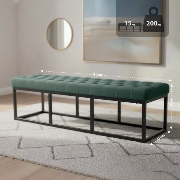 Polson grøn velourbænk med mat sort metalramme - 150 cm