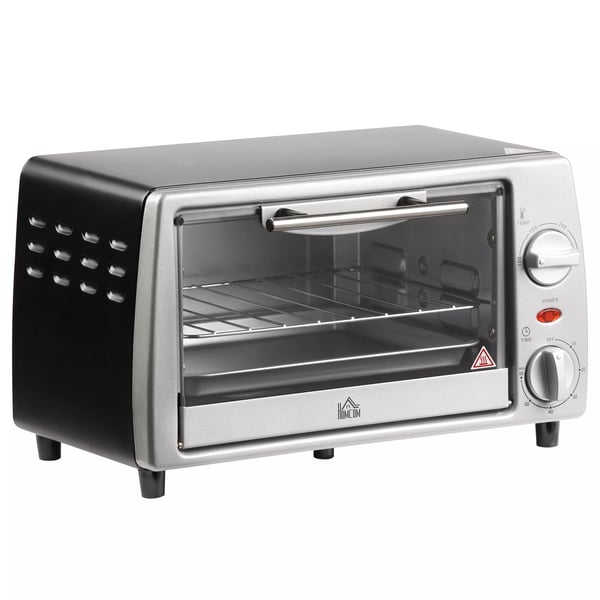 elektrisk ovn 10L med justerbar temperatur og timer, grill og pande medfølger, 750W, 36,5x26x22cm, sølvsort