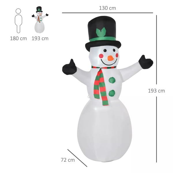 1,93 m oppustelig snemand med 2 module lys julepynt til haven græsplæne dekoration fest polyester hvid 130 x 72 x 193 cm