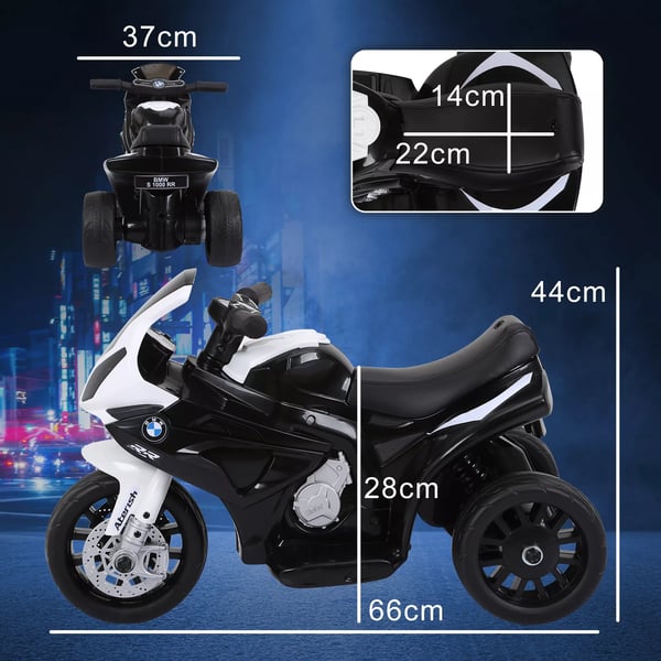 HOMCOM BMW S1000RR Licenseret El Børnemotorcykel, Trehjulet, Stål, Sort, 66x37x44 cm