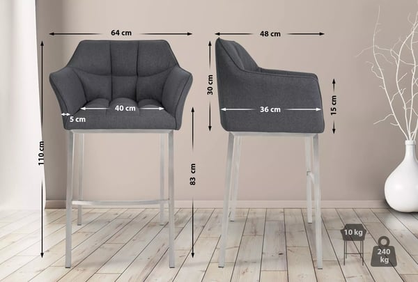 Damaso Filt Barstol, Grå, 4-benet Rustfri Stålbase, 83cm Sædehøjde, 240kg Bæreevne