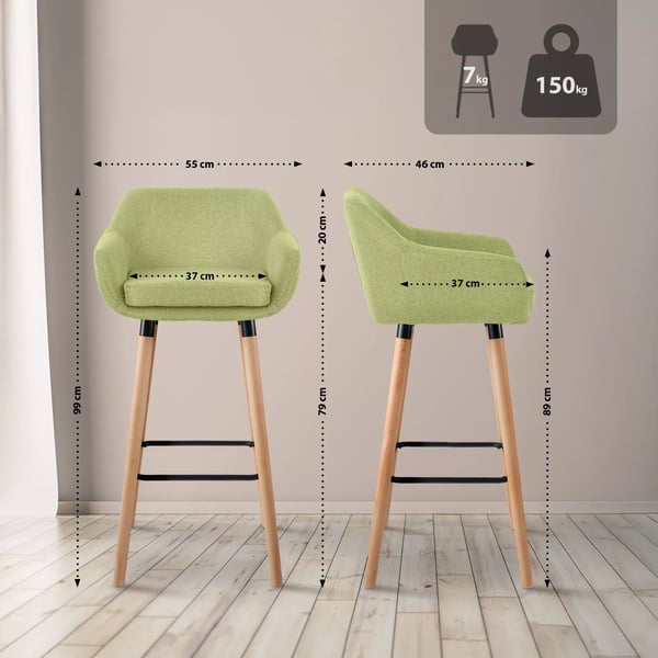 Sæt med 2 Grant Barstole - Limegrøn Stofpolstring med Træben