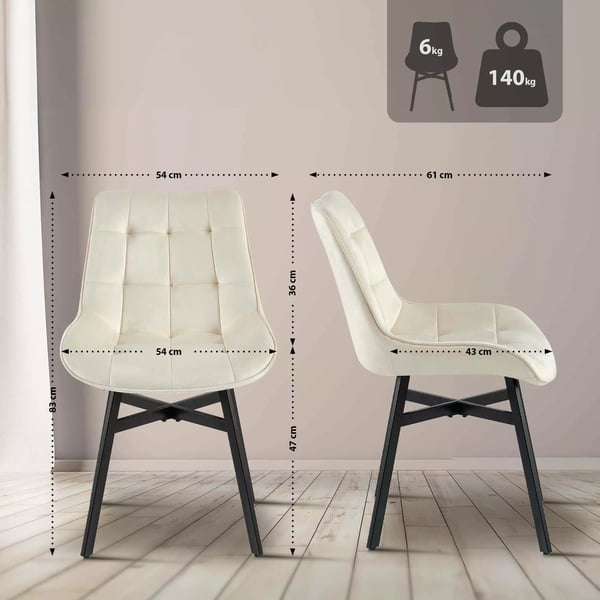 Colby fløjlsspisestol med matsort metalramme - creme