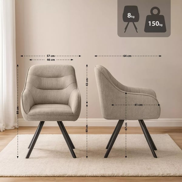 Pettuli Taupe stof spisebordsstol med drejefunktion og mat sort metalbase