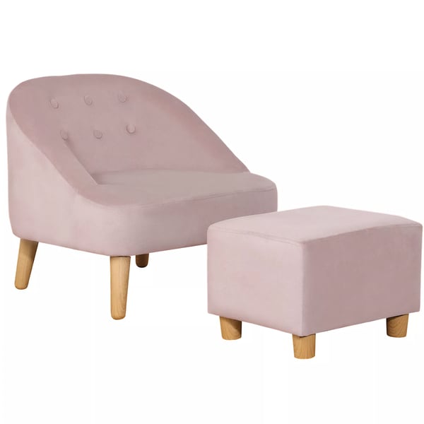 HOMCOM børnestol med fodskammel - Hyggelig sofa til børn fra 3 år, fløjlslook, eukalyptustræ, rosa, 51x51x50 cm