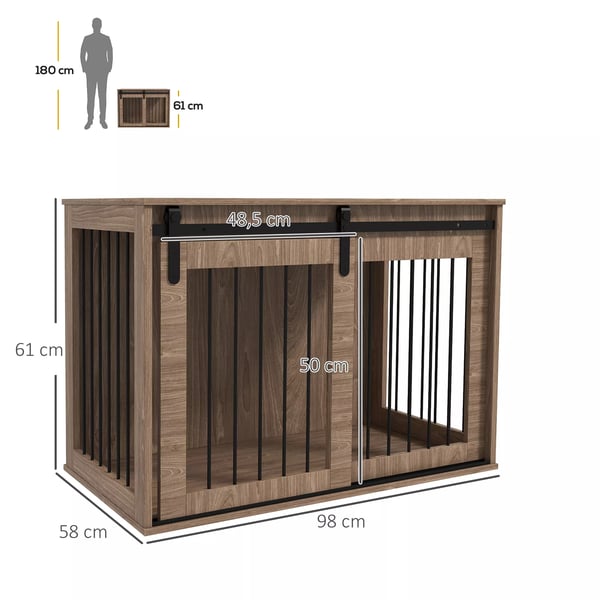 PawHut hundebur, hundekasse med skydedør, indendørs hundehus med trælook, lås, til store hunde op til 30 kg, 98 x 58 x 67 cm, valnød