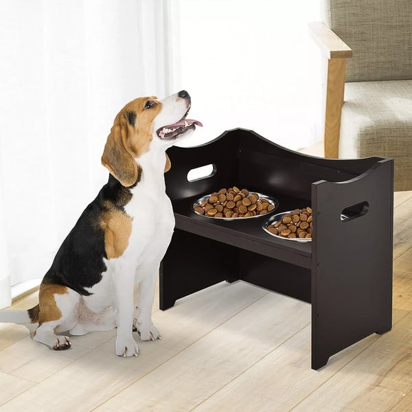 PawHut Justerbar Hundeskål Foderstation i Rustfri Stål, MDF - Brun/Beige, 54x31.5x47cm