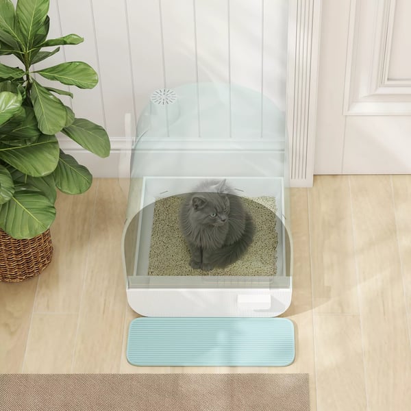 PawHut kattebakke med låg, toilet til katte op til 5 kg, med låg, måtte til kattegrus, plast, grøn, 43x44x47 cm