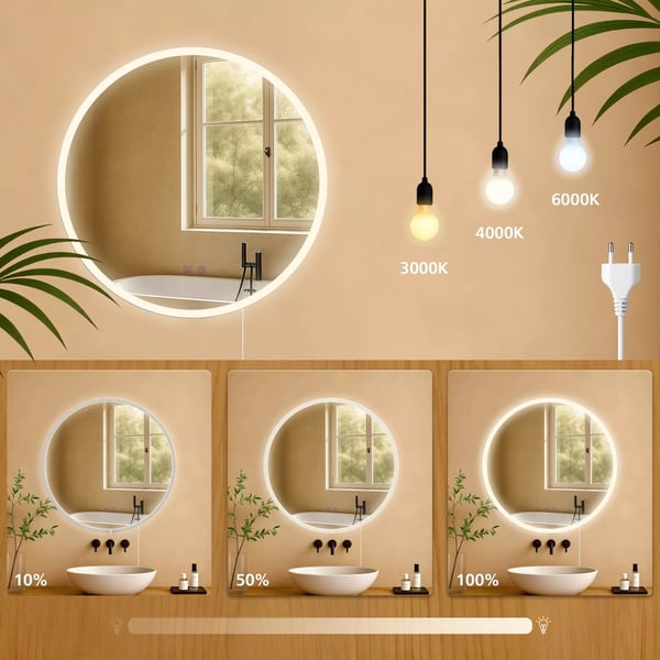 Laconia 60 cm rundt badeværelsesspejl med LED-lys, antidug, dæmpbart, IP44