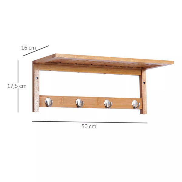 HOMCOM Bambu Seinänaulakko Koukuilla Luonnonpuu - Tilaa säästävä, 50x16x17.5 cm