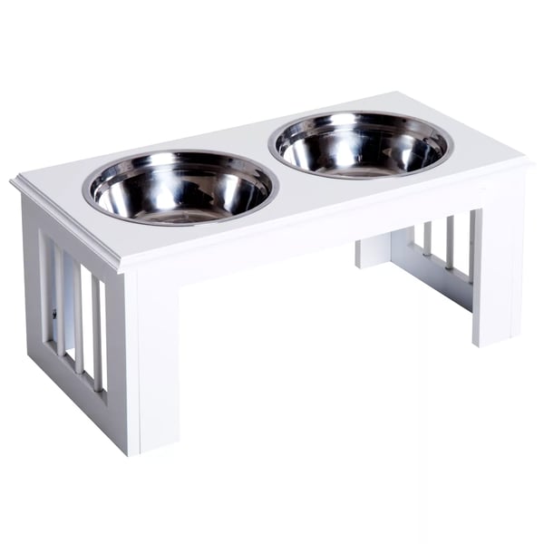 PawHut Dubbel Hundmatskål upphöjd, Rostfritt Stål/MDF, Vit, 58.4x30.5x25.4cm