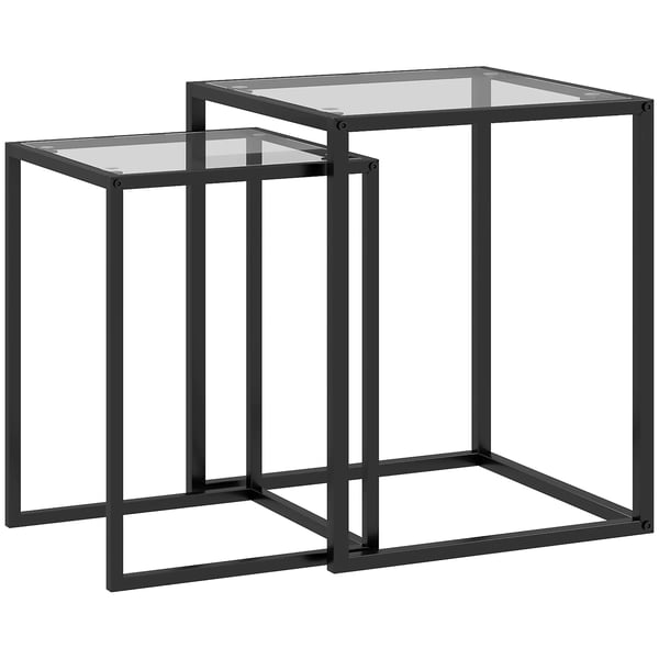 HOMCOM Sidobordsset med 2 stapelbara bord, Hartglas och stålben, svart