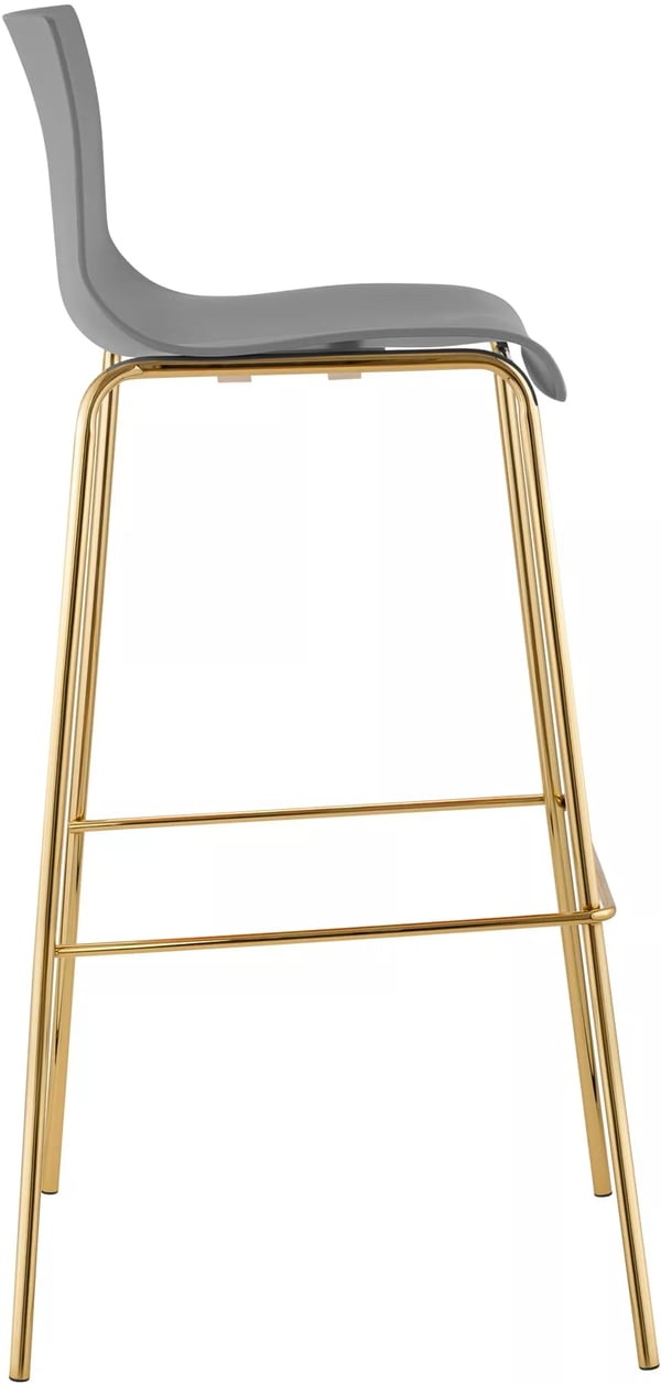 Grå plastik 4-benet barstol med guld metalramme, 75 cm sædehøjde, stabelbar