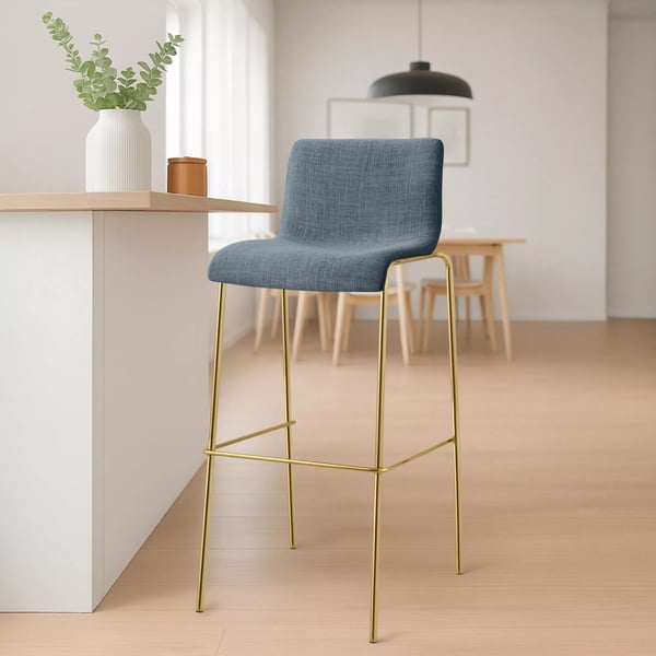 Hoover Blå Stof Barstol med Guldfarvet Metal 4-Benet Base - 75 cm Sædehøjde, Stabelbar
