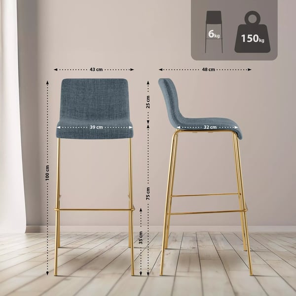 Hoover Blå Stof Barstol med Guldfarvet Metal 4-Benet Base - 75 cm Sædehøjde, Stabelbar