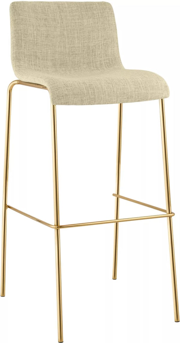 Barstol i krämfärgat tyg med guldfärgad metallram med 4 ben, 75 cm sitthöjd, stapelbar
