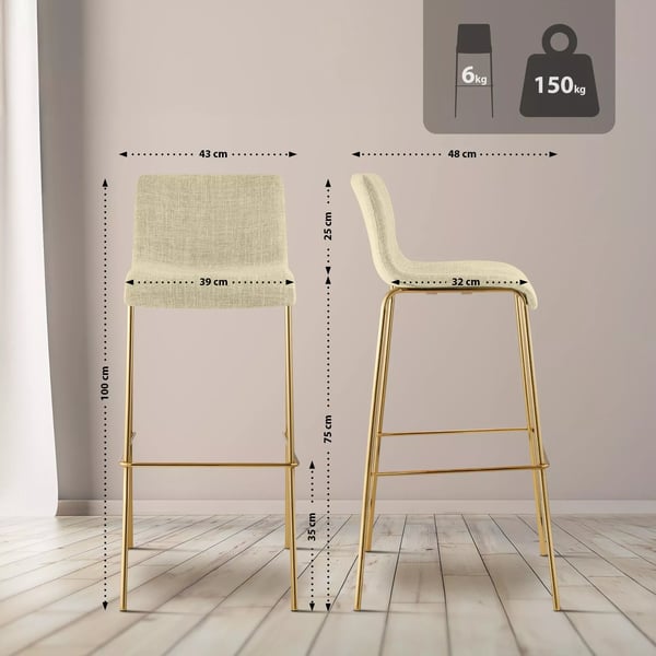 Cremefarvet stof barstol med guldfarvet metal 4-bens stel, 75 cm sædehøjde, stabelbar