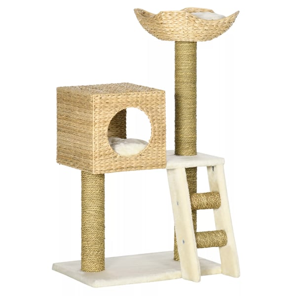 PawHut Kattelegetre med Hus, Senge, Pude og Kloremsjler i Naturtra/Sisal - 100,5 cm Hyjde