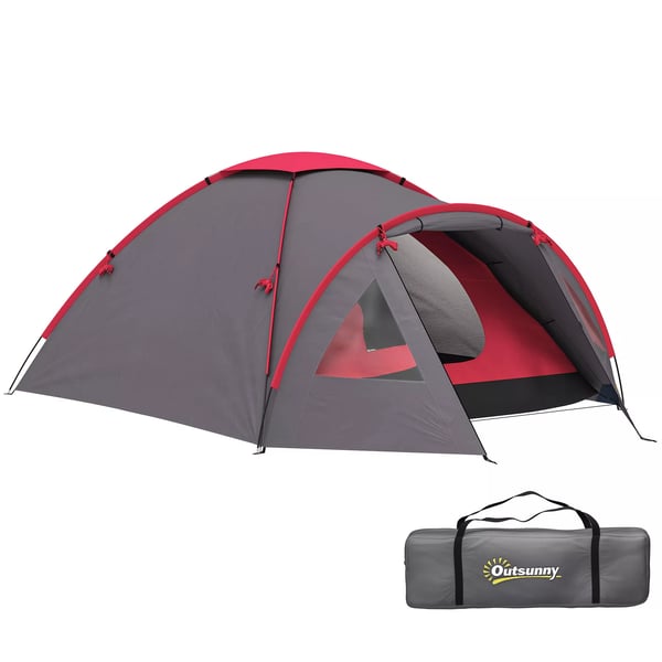 Outsunny campingtelt til 3 personer - Vandtæt, UV50+ kuppeltelt i polyester, grå, med veranda og bundplade. Ideel til camping og rejser.