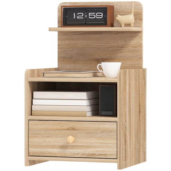 Nattduksbord i naturträ med förvaring, sidobord i spånskiva, tippskyddad och modern design