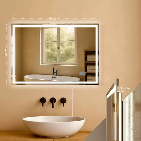 Jaffrey Badeværelsesspejl 50x70 cm - LED-belysning, dæmpbar, anti-dug, IP44 Klart Glas