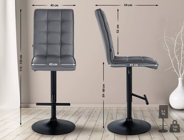 Grå barstol i kunstlæder med metalstel - Justerbar højde og 360° drejefunktion
