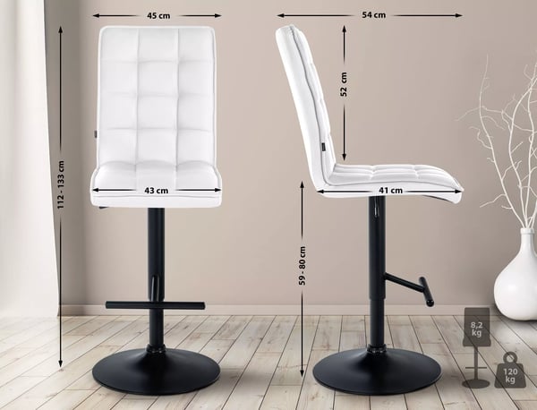 Hvid imiteret læder (PVC) barstol med metalstel - Justerbar højde, 360° drejbar