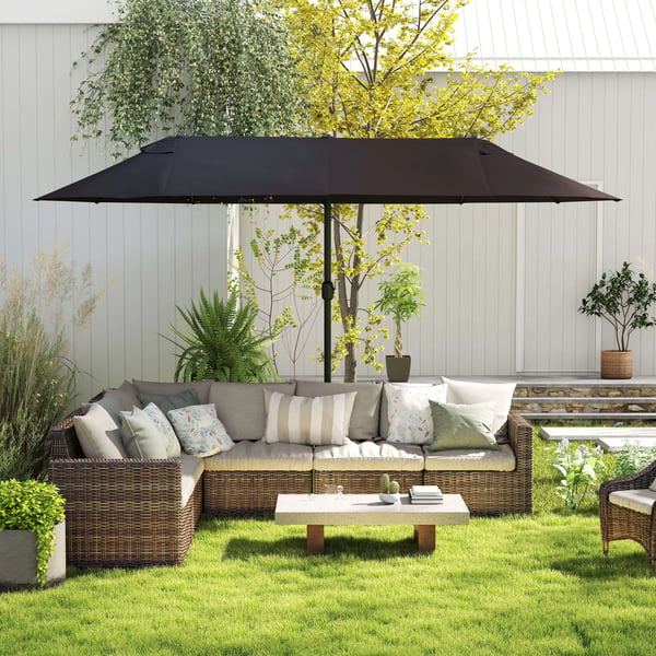 Outsunny Dobbeltparasol Mørkegrøn 460 x 270 cm - Haveparasol med Håndsving og Parasolstander