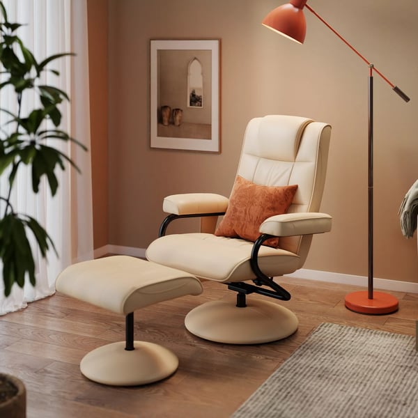 HOMCOM Massagestol med Liggende Funktion og Skammel, Kunstlæder, Creme - 77x84x95 cm