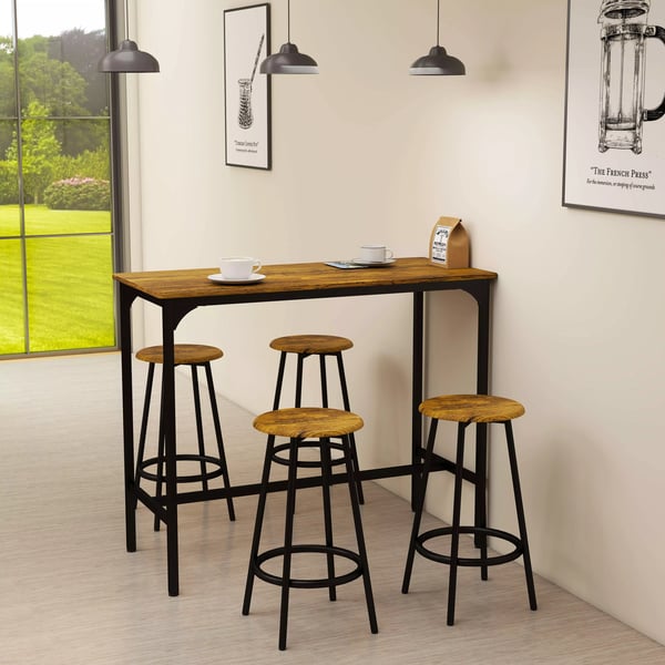 HOMCOM Barbordssæt m. 4 Barstole - 5 Dele, Køkkenbord, Metal/MDF, Rustikbrun Industrielt Design