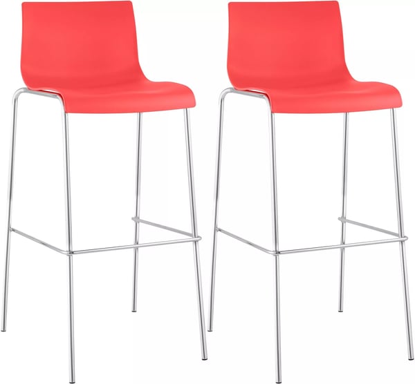 Set med 2 röda barstolar i plast med metallram