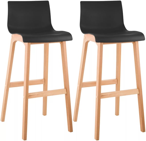 Set med 2 svarta barstolar i trä med fotstöd, 77 cm sitthöjd