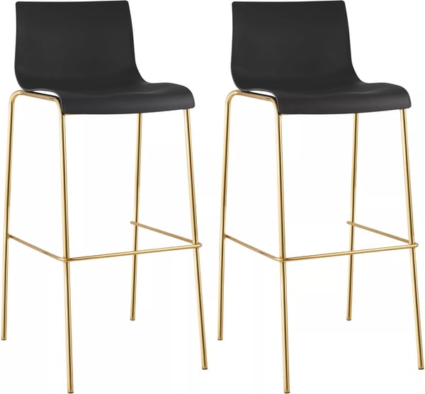 Set med 2 svarta barstolar i plast med 4-bens underrede i guldfärgad metall, 75 cm sitthöjd