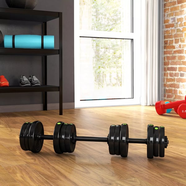 2-i-1 Justerbar Vægtstangsæt Håndvægte, Sæt med 20 kg, Sort/Grøn, Plastik, Multifunktionel Home Gym Udstyr