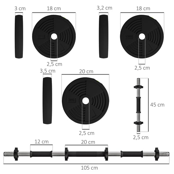 2-i-1 Justerbar Vægtstangsæt Håndvægte, Sæt med 20 kg, Sort/Grøn, Plastik, Multifunktionel Home Gym Udstyr