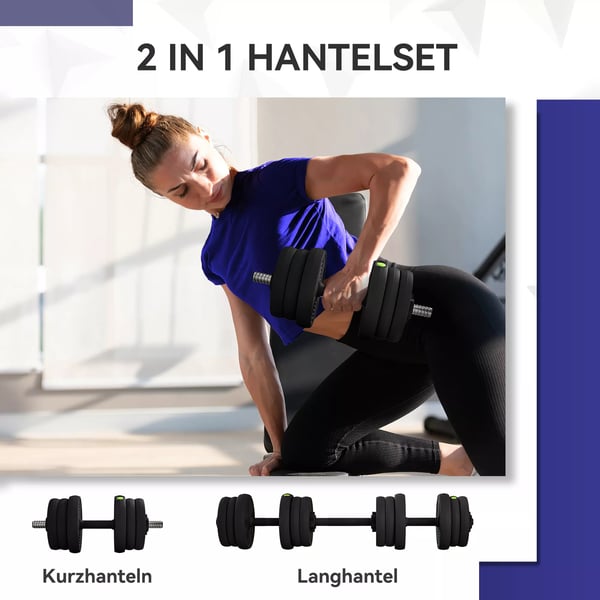 2-i-1 Justerbar Vægtstangsæt Håndvægte, Sæt med 20 kg, Sort/Grøn, Plastik, Multifunktionel Home Gym Udstyr
