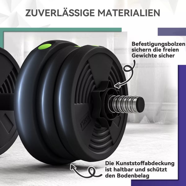 2-i-1 Justerbar Vægtstangsæt Håndvægte, Sæt med 20 kg, Sort/Grøn, Plastik, Multifunktionel Home Gym Udstyr