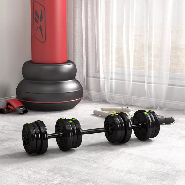 2-i-1 Justerbar Vægtstangsæt Håndvægte, Sæt med 20 kg, Sort/Grøn, Plastik, Multifunktionel Home Gym Udstyr