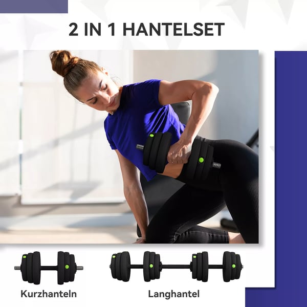 25 kg 2-i-1 Håndvægtssæt med Vægtstang - Justerbart, Sort/Grøn, Plastik
