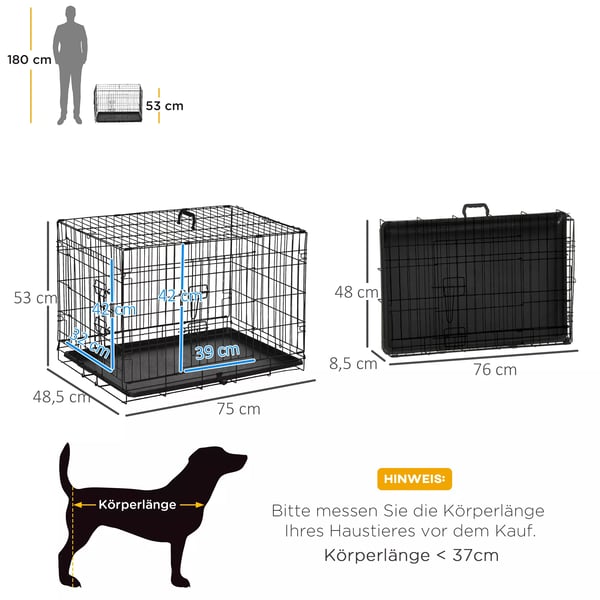 PawHut Hundebur Transportbur, Sammenklappelig, Sort Metal, 76x46x52cm