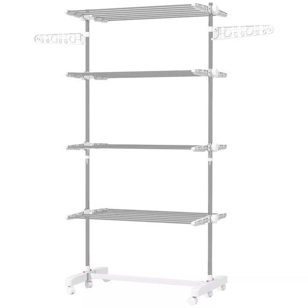 HOMCOM Tørrestativ 4 Etager - Foldbart, Rustfrit Stål/ABS, Med Hjul og Sidehylder - 142x55x172 cm