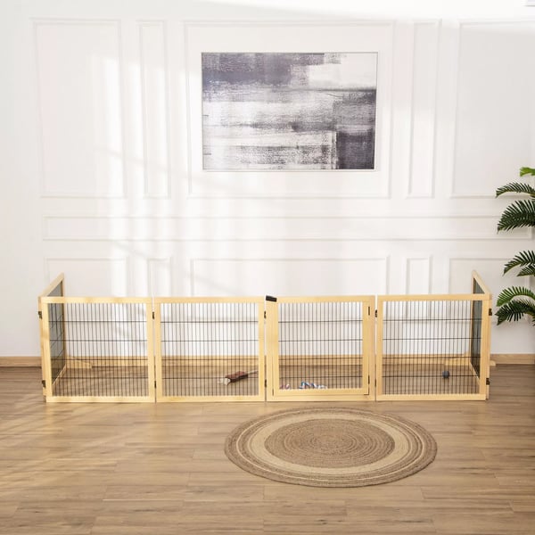 PawHut Sikkerhedsgitter i Fyrretræ Natur. Justerbart og Foldbart Hundegitter til Døre og T.o.m. 48cm Hundehøjde. 432x36x70cm