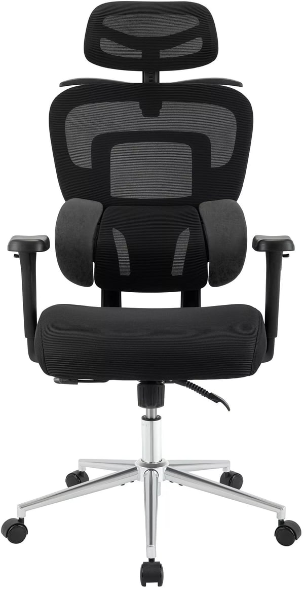 Lothenda Ergonomisk Kontorstol - Sort Stof med Krom-look Metalbase, Justerbar Nakkestøtte & Armlæn, 150 kg Kapacitet