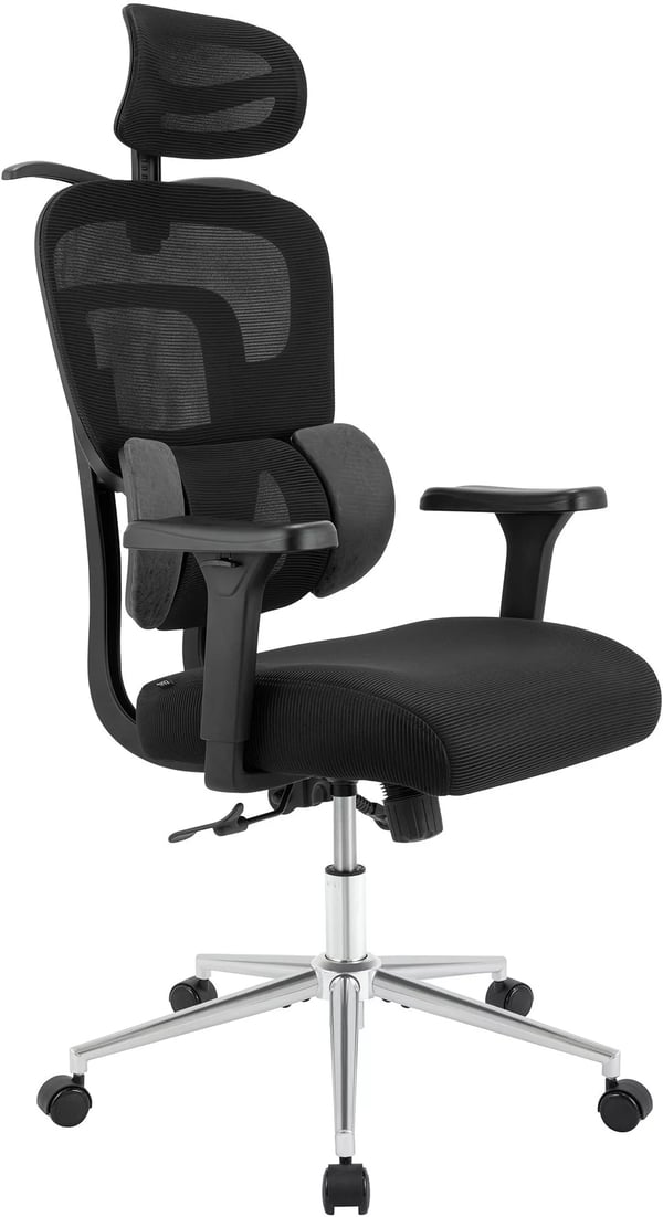 Lothenda Ergonomisk Kontorstol - Sort Stof med Krom-look Metalbase, Justerbar Nakkestøtte & Armlæn, 150 kg Kapacitet