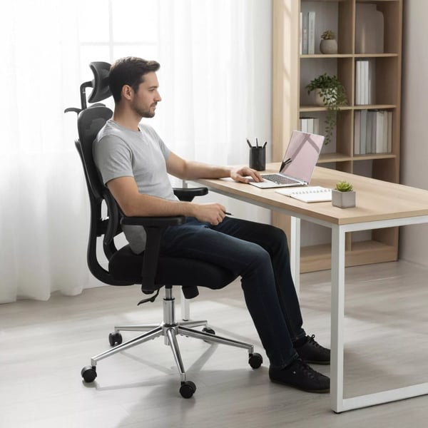 Lothenda Ergonomisk Kontorstol - Sort Stof med Krom-look Metalbase, Justerbar Nakkestøtte & Armlæn, 150 kg Kapacitet