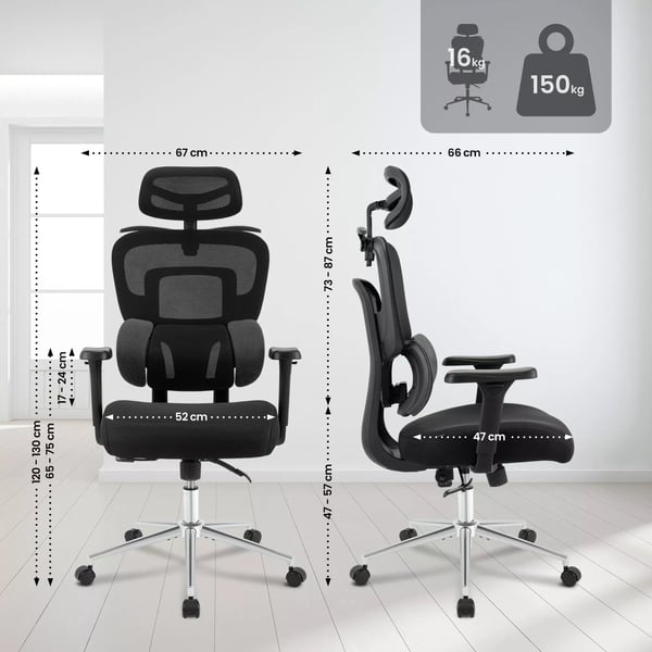 Lothenda Ergonomisk Kontorstol - Sort Stof med Krom-look Metalbase, Justerbar Nakkestøtte & Armlæn, 150 kg Kapacitet